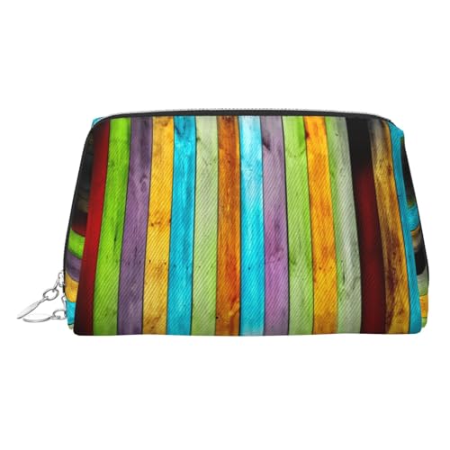 Make-up-Tasche mit buntem Holztafel-Druck, Kosmetiktasche, Damen-Kosmetiktasche aus PU-Leder mit Handschlaufe, Reise-Kulturbeutel, Make-up-Tasche, silber, Einheitsgröße von ESNAIUVCD