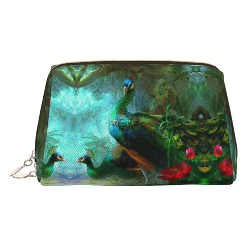 Make-up-Tasche mit buntem Pfauen-Aufdruck, Kosmetiktasche, Damen-Kosmetiktasche aus PU-Leder mit Handschlaufe, Reise-Kulturbeutel, Make-up-Tasche, gold, Einheitsgröße von ESNAIUVCD