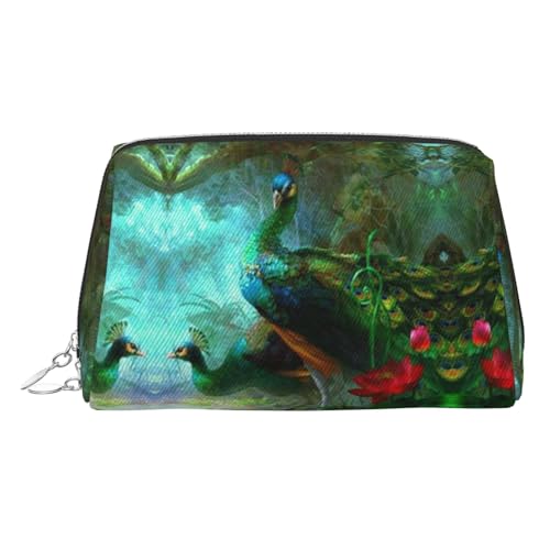 Make-up-Tasche mit buntem Pfauen-Aufdruck, Kosmetiktasche, Damen-Kosmetiktasche aus PU-Leder mit Handschlaufe, Reise-Kulturbeutel, Make-up-Tasche, silber, Einheitsgröße von ESNAIUVCD