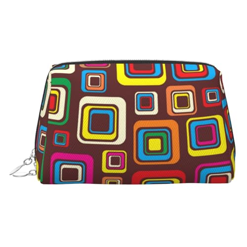 Make-up-Tasche mit buntem Quadrat-Druck, Kosmetiktasche, Damen-Kosmetiktasche aus PU-Leder mit Handschlaufe, Reise-Kulturbeutel, Make-up-Tasche, silber, Einheitsgröße von ESNAIUVCD