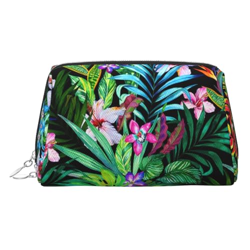 Make-up-Tasche mit buntem tropischem Blatt-Druck, Kosmetiktasche für Damen, PU-Leder, Kosmetiktasche mit Handschlaufe, Reise-Kulturbeutel, Make-up-Tasche, silber, Einheitsgröße von ESNAIUVCD