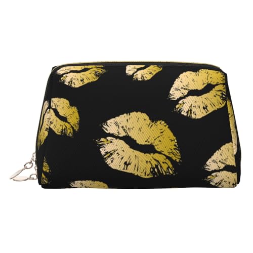 Make-up-Tasche mit goldfarbenem Lippen-Druck, Kosmetiktasche für Damen, PU-Leder, Kosmetiktasche mit Handschlaufe, Reise-Kulturbeutel, Make-up-Tasche, gold, Einheitsgröße von ESNAIUVCD