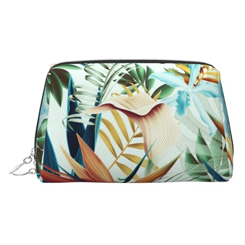 Make-up-Tasche mit tropischem Blättermotiv, für Damen, PU-Leder, Kosmetiktasche mit Handschlaufe, Reise-Kulturbeutel, Make-up-Tasche, silber, Einheitsgröße von ESNAIUVCD