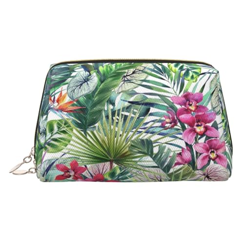 Make-up-Tasche mit tropischem Pflanzendruck, Kosmetiktasche, Damen-Kosmetiktasche aus PU-Leder mit Handschlaufe, Reise-Kulturbeutel, Make-up-Tasche, gold, Einheitsgröße von ESNAIUVCD