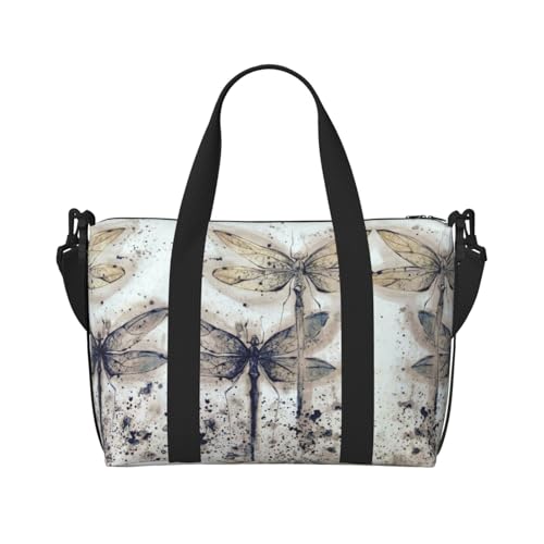 Moderner Turnbeutel mit Libellen-Aufdruck für Damen, Wochenendtasche, Übernachtungstasche, persönliche Gegenstände, Schultertasche für Damen und Herren, Einheitsgröße, Schwarz , Einheitsgröße von ESNAIUVCD