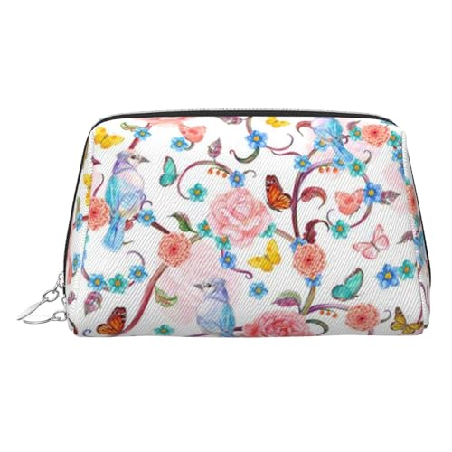 Romantische Make-up-Tasche mit Blumenmotiv und Vögeln und Schmetterlingen, für Damen, PU-Leder, Kosmetiktasche mit Handschlaufe, Reise-Kulturbeutel, Make-up-Tasche, silber, Einheitsgröße von ESNAIUVCD