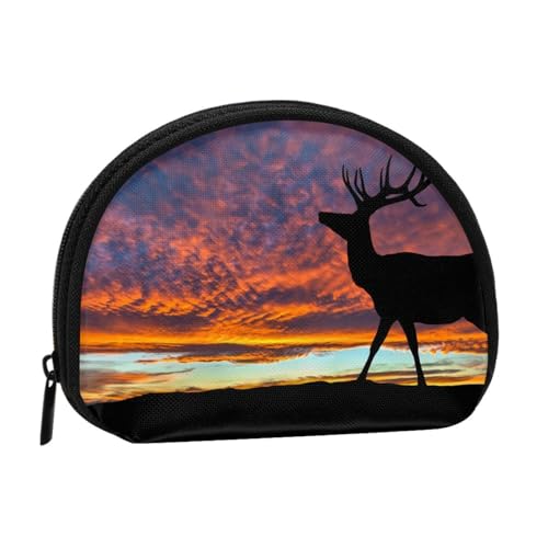 Roter Hirsch Stier Elch Sonnenuntergang Druck Tragbare Mini-Aufbewahrungstasche Muschelförmige Geldbörse Kleine Münzgeldbörse Muschel Aufbewahrungstasche von ESNAIUVCD