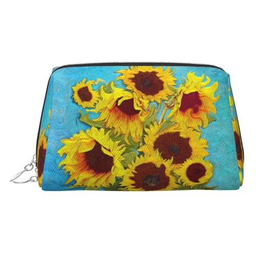 Schöne Kosmetiktasche mit Sonnenblumen-Ölgemälde, Kosmetiktasche, Damen-Kosmetiktasche aus PU-Leder mit Handschlaufe, Reise-Kulturbeutel, Make-up-Tasche, silber, Einheitsgröße von ESNAIUVCD