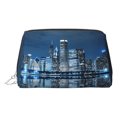 Schöne Make-up-Tasche mit Aufdruck "City at Night", Kosmetiktasche, Damen-Kosmetiktasche aus PU-Leder mit Handschlaufe, Reise-Kulturbeutel, Make-up-Tasche, silber, Einheitsgröße von ESNAIUVCD