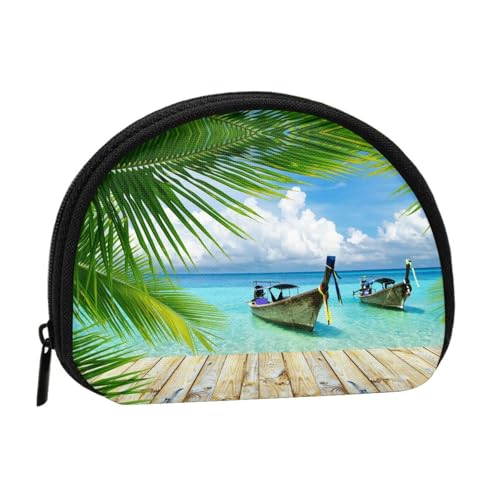 Seaside Boat Coconut Leaves Print Portable Mini Storage Bag Shell Shaped Wallet Small Coin Wallet Shell Storage Bag von ESNAIUVCD