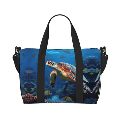 Sporttasche für Damen, Motiv: Meeresschildkröte mit Fischen, Wochenendtasche, Übernachtungstasche, persönliche Gegenstände, Schultertasche für Damen und Herren, Einheitsgröße, Schwarz , Einheitsgröße von ESNAIUVCD