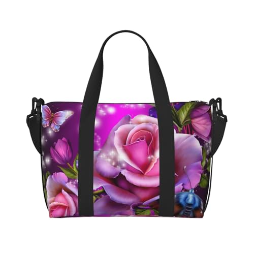 Sporttasche für Damen, Motiv: Rose und Schmetterlinge, Rosa bedruckt, für Wochenendausflüge, persönliche Gegenstände, Schultertasche für Damen und Herren, Einheitsgröße, Schwarz , Einheitsgröße von ESNAIUVCD