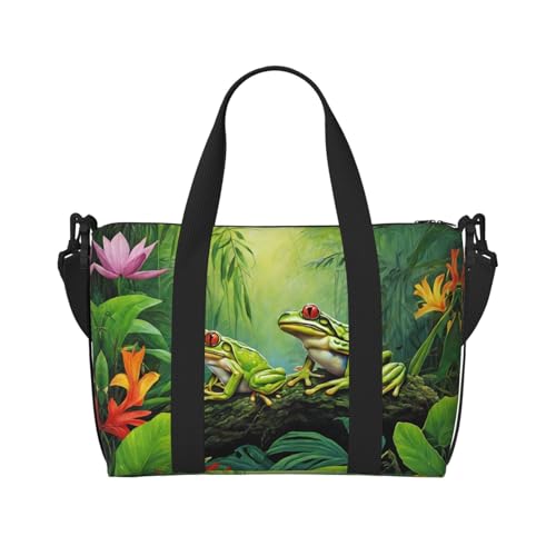 Sporttasche für Damen, Motiv: Viele Frösche singen auf den Zweigen, Sommerschmetterlinge, See, Wasserdruck, Wochenendtasche, Übernachtungstasche, persönliche Tasche, Schultertasche für Damen und von ESNAIUVCD