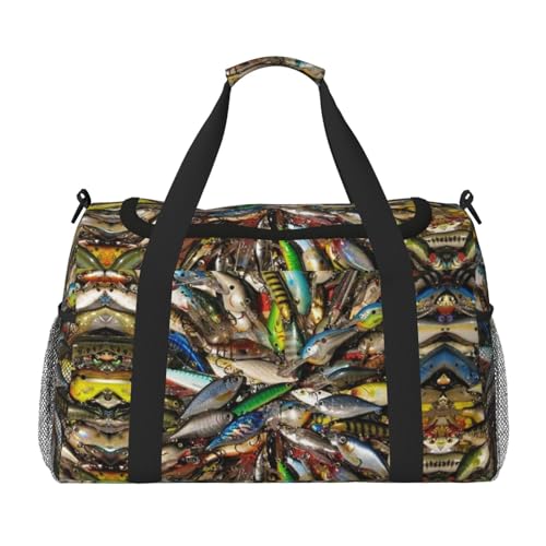 Sporttasche für Damen, mit Fischköderdruck, Reisetasche, Sporttasche mit Fach, Seesack für Herren, Damen, Handgepäck, Wochenend-Reisehandtasche für Damen, Schwarz , Einheitsgröße von ESNAIUVCD