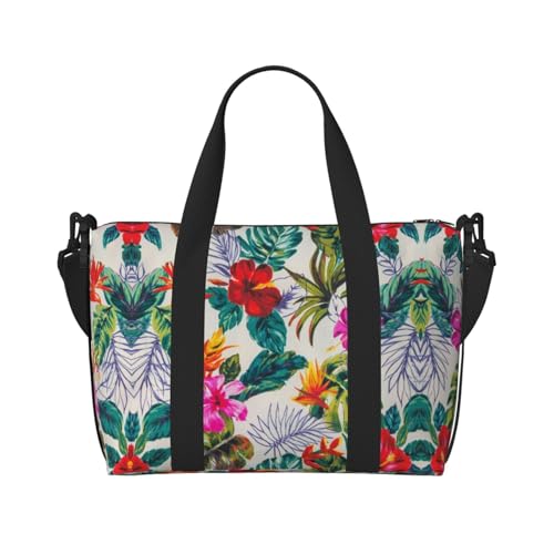 Sporttasche mit Blumen- und Blätteraufdruck, für Damen, Wochenendtasche, Übernachtungstasche, persönliche Gegenstände, Schultertasche für Damen und Herren, Einheitsgröße, Schwarz , Einheitsgröße von ESNAIUVCD