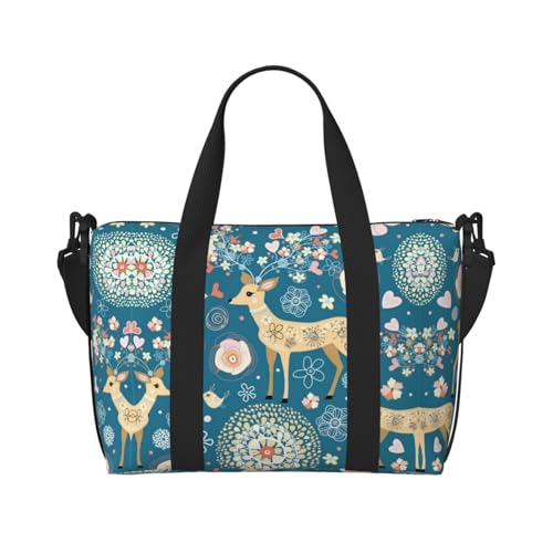 Sporttasche mit Cartoon-Hirsch-Blumendruck, für Damen, Wochenendtasche, Übernachtungstasche, persönliche Gegenstände, Schultertasche für Damen und Herren, Einheitsgröße, Schwarz , Einheitsgröße von ESNAIUVCD