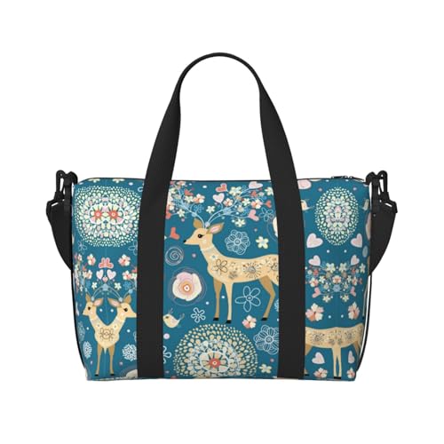 Sporttasche mit Cartoon-Hirsch-Blumendruck, für Damen, Wochenendtasche, Übernachtungstasche, persönliche Gegenstände, Schultertasche für Damen und Herren, Einheitsgröße, Schwarz , Einheitsgröße von ESNAIUVCD