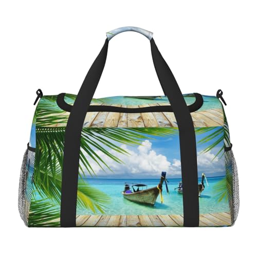 Sporttasche mit Kokosnuss-Blätter-Druck, für Damen, Sporttasche mit Fach, Seesack für Herren, Damen, Handgepäck, Wochenend-Reisehandtasche für Damen, Schwarz , Einheitsgröße von ESNAIUVCD