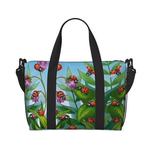 Sporttasche mit Marienkäfer-Aufdruck für Damen, Wochenendtasche, Übernachtungstasche, persönliche Gegenstände, Schultertasche für Damen und Herren, Einheitsgröße, Schwarz , Einheitsgröße von ESNAIUVCD