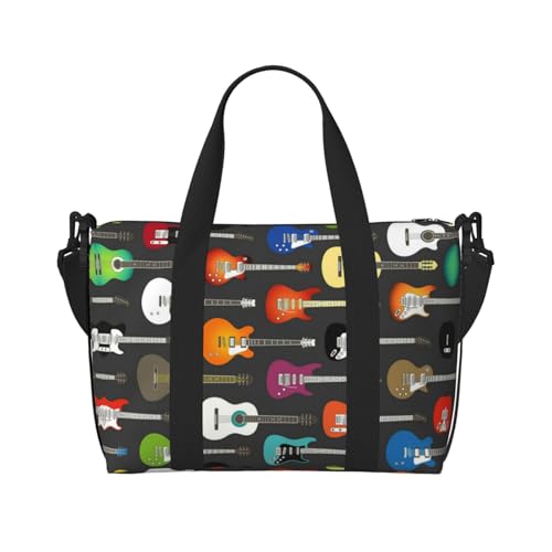 Sporttasche mit farbigem Akustik- und Gitarren-Druck, für Damen, Wochenendtasche, Übernachtungstasche, persönliche Gegenstände, Schultertasche für Damen und Herren, Einheitsgröße, Schwarz , von ESNAIUVCD