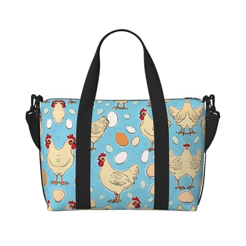 Sporttasche mit kreativem Cartoon-Huhn-Druck, für Damen, Wochenendtasche, Übernachtungstasche, persönliche Gegenstände, Schultertasche für Damen und Herren, Einheitsgröße, Schwarz , Einheitsgröße von ESNAIUVCD