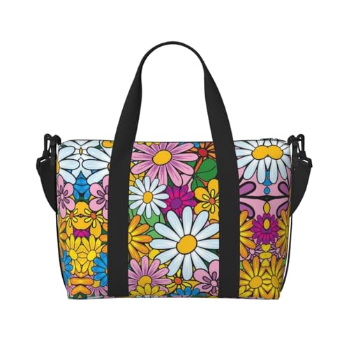 Sporttasche mit niedlichem Cartoon-Blumendruck, für Damen, Wochenendtasche, Übernachtungstasche, persönliche Gegenstände, Schultertasche für Damen und Herren, Einheitsgröße, Schwarz , Einheitsgröße von ESNAIUVCD
