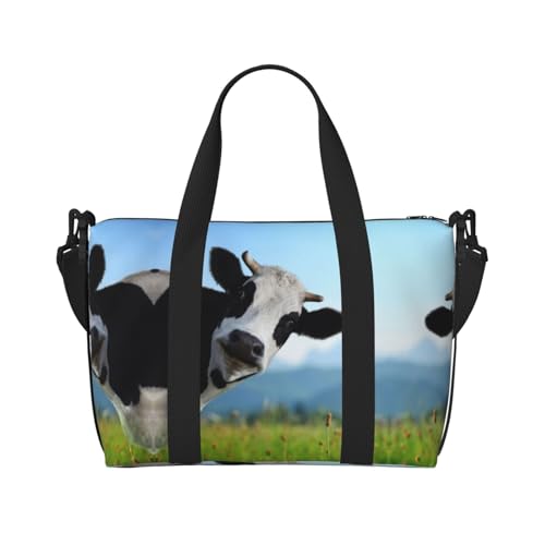 Sporttasche mit niedlichem Kuh-Aufdruck für Damen, Wochenendtasche, Übernachtungstasche, persönliche Gegenstände, Schultertasche für Damen und Herren, Einheitsgröße, Schwarz , Einheitsgröße von ESNAIUVCD