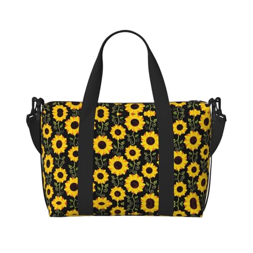 Sporttasche mit süßem Sonnenblumen-Aufdruck für Damen, Wochenendtasche, Übernachtungstasche, persönliche Gegenstände, Schultertasche für Damen und Herren, Einheitsgröße, Schwarz , Einheitsgröße von ESNAIUVCD