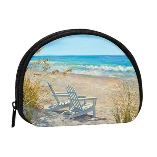 Strandszene mit Stühlen-Druck, tragbare Mini-Aufbewahrungstasche, Muschelform, Geldbörse, kleine Münzgeldbörse, Muschel-Aufbewahrungstasche von ESNAIUVCD
