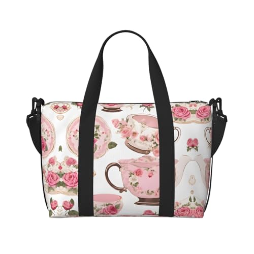 Teetassen mit Rosen, romantischer Shabby-Druck, Turnbeutel für Damen, Wochenendtasche, Übernachtungstasche, persönliche Gegenstände, Schultertasche für Damen und Herren, Einheitsgröße, Schwarz , von ESNAIUVCD