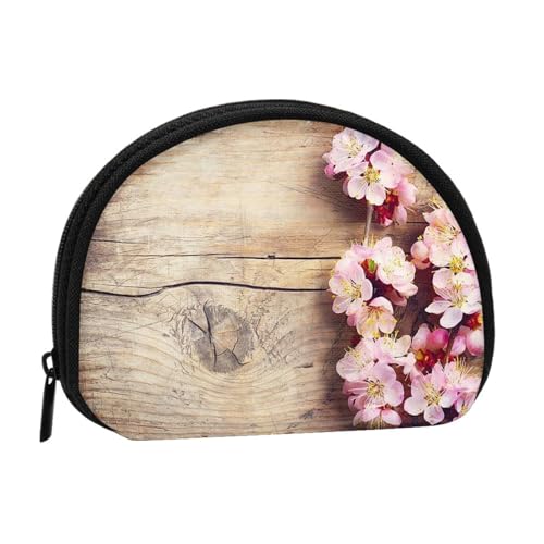 Tragbare Mini-Aufbewahrungstasche, Motiv: Frühlingsblüte auf Holztisch, Muschelform, kleine Münzgeldbörse, Muschel-Aufbewahrungstasche von ESNAIUVCD