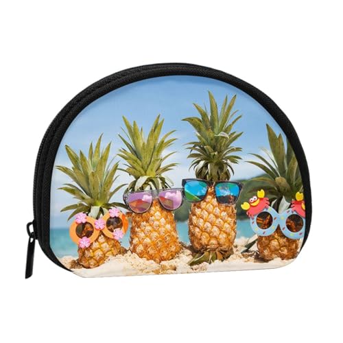 Tragbare Mini-Aufbewahrungstasche in Form einer Muschelform, Motiv: Ananas, Obst, Sonnenbrille, Sand, Strand, kleine Münzgeldbörse, Muschel-Aufbewahrungstasche von ESNAIUVCD