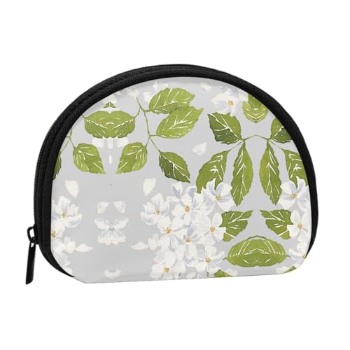 Tragbare Mini-Aufbewahrungstasche mit weißen Blumen und grünen Blättern, Muschelform, kleine Münzgeldbörse, Muschel-Aufbewahrungstasche von ESNAIUVCD