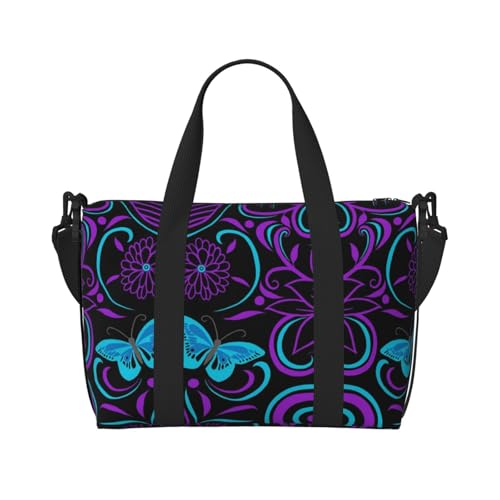 Turnbeutel für Damen, Motiv: Schmetterling auf schönem Blumendruck, Wochenendtasche, persönliche Gegenstände, Schultertasche für Damen und Herren, Einheitsgröße, Schwarz , Einheitsgröße von ESNAIUVCD