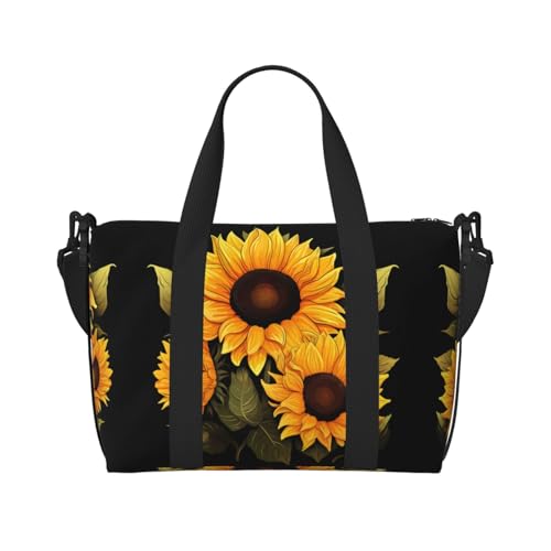 Turnbeutel für Damen, Sonnenblumen-Motiv, für Damen, Wochenendtasche, Übernachtungstasche, persönliche Gegenstände, Schultertasche für Damen und Herren, Einheitsgröße, Schwarz , Einheitsgröße von ESNAIUVCD