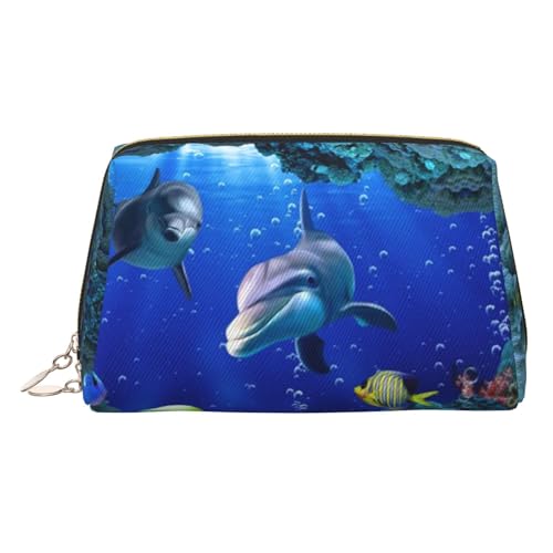Underwater World Kosmetiktasche mit Fisch-Delphi-Aufdruck, Damen-Kosmetiktasche aus PU-Leder mit Handschlaufe, Reise-Kulturbeutel, Make-up-Tasche, gold, Einheitsgröße von ESNAIUVCD