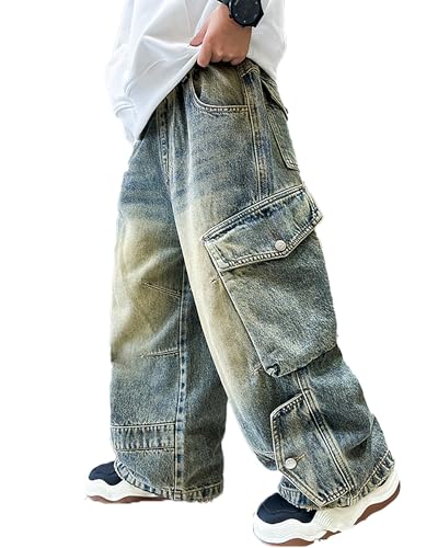 ESORNUG Baggy Jeans Jungs Kinder Jeanshosen Vintage Inspirierte Weite Bein Jeans Hosen mit Taschen Skateboard Streetwear für Kinder Modische von ESORNUG
