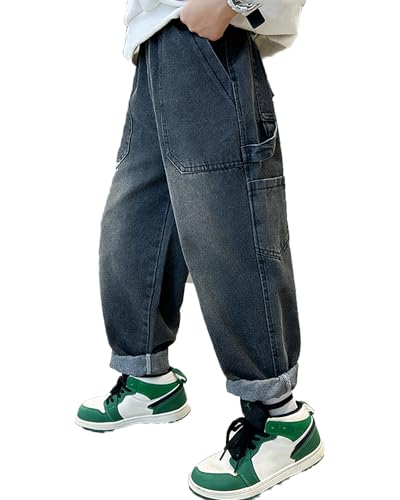 ESORNUG Jungen Jeanshosen Auffällige Weite Bein Jeans Gewaschen mit Taschen Dehnbund Hosen Jeanshose Streetwear Blau von ESORNUG