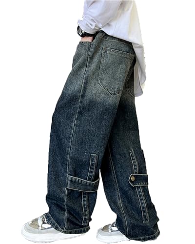 ESORNUG Jungen Jeanshosen Auffällige Weite Bein Jeans Gewaschen mit Taschen Dehnbund Hosen Jeanshose Streetwear von ESORNUG