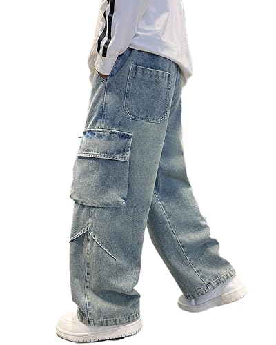 ESORNUG Jungen Jeanshosen Auffällige Weite Bein Jeans Gewaschen mit Taschen Dehnbund Hosen Jeanshose Streetwear von ESORNUG
