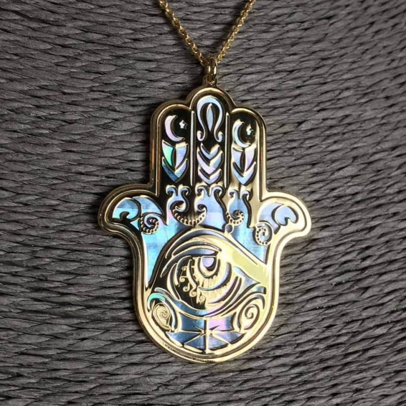 Hamsa Gold Blauer Perlmutt Anhänger - Hand Der Fatima Amulett Für Schutz, Glück, Positive Energie Und Spirituelle Harmonie von ESOTERICArtStore