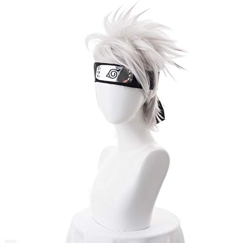 ESPADE Wig Anime Cosplay Perücke for Anime Ninja Hatake Kakashi Cosplay Perücke silberweiß Kurze hitzebeständige Kunsthaarperücken + Stirnband + Maske M Perücke (Color : WigwithHeadband) von ESPADE