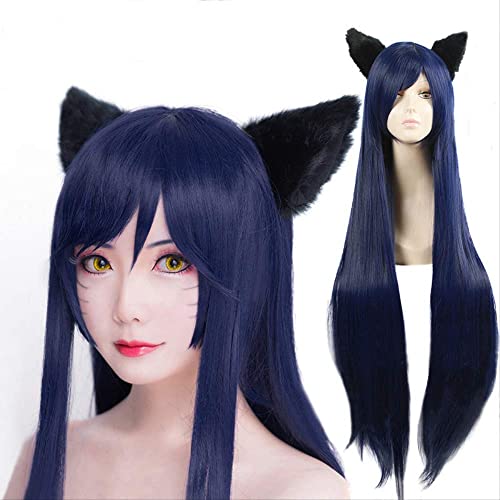 Wig Anime Cosplay Game LOL Ahri 100cm Long Dark Blue Wig The Nine-Tailed Fox Women Heat Resistant Hair Cosplay Costume Wigs + Ears von ESPADE