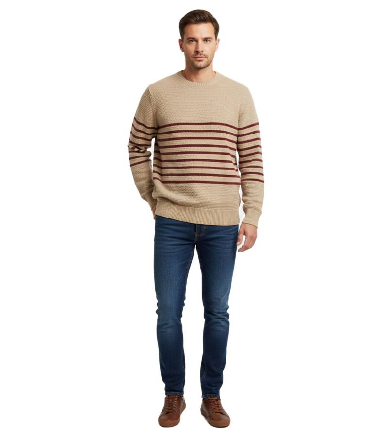 Stylischer ESPRIT Herren Strick-Pullover mit Streifen Rundhals-Sweater Baumwoll-Pullover Beige von ESPRIT