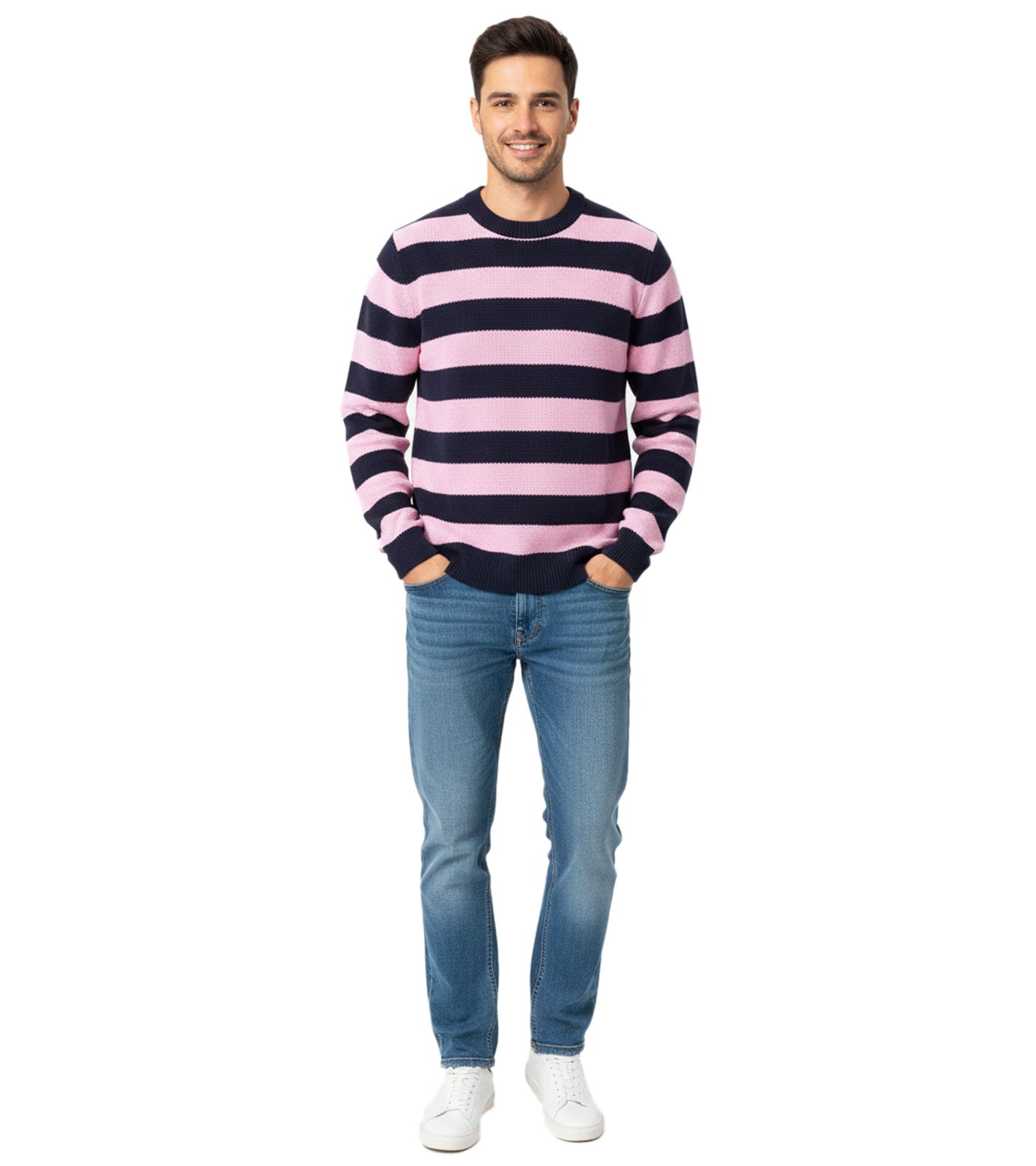 Stylischer ESPRIT Herren Strick-Pullover mit Streifen Rundhals-Sweater Baumwoll-Pullover Dunkelblau/Rosa von ESPRIT