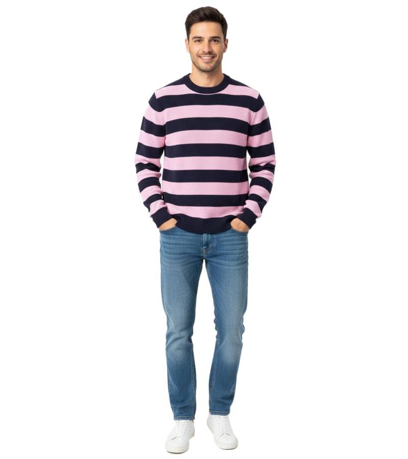 Stylischer ESPRIT Herren Strick-Pullover mit Streifen Rundhals-Sweater Baumwoll-Pullover Dunkelblau/Rosa von ESPRIT