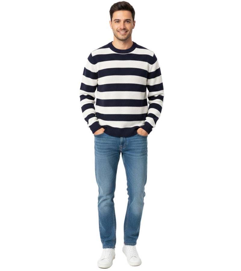 Stylischer ESPRIT Herren Strick-Pullover mit Streifen Rundhals-Sweater Baumwoll-Pullover Dunkelblau/Weiß von ESPRIT