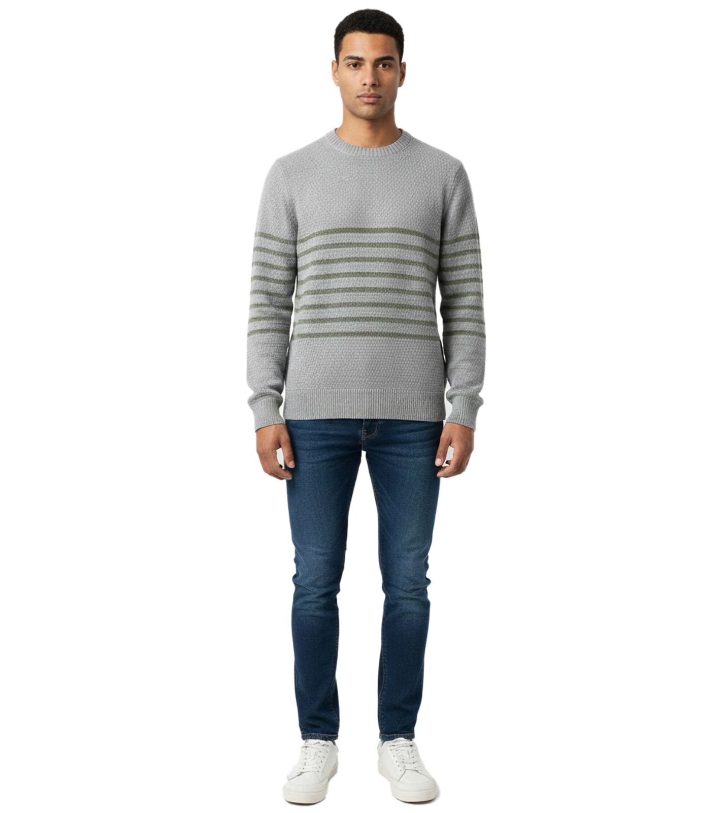 Stylischer ESPRIT Herren Strick-Pullover mit Streifen Rundhals-Sweater Baumwoll-Pullover Grau von ESPRIT