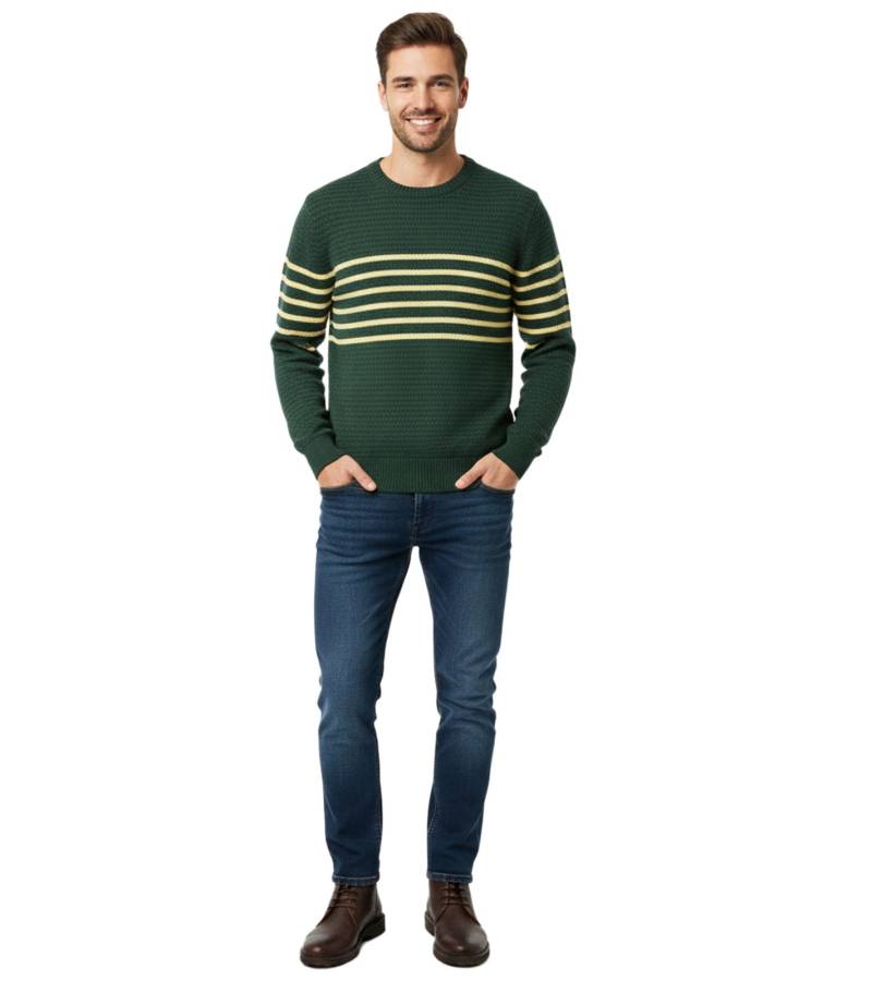 Stylischer ESPRIT Herren Strick-Pullover mit Streifen Rundhals-Sweater Baumwoll-Pullover Grün von ESPRIT