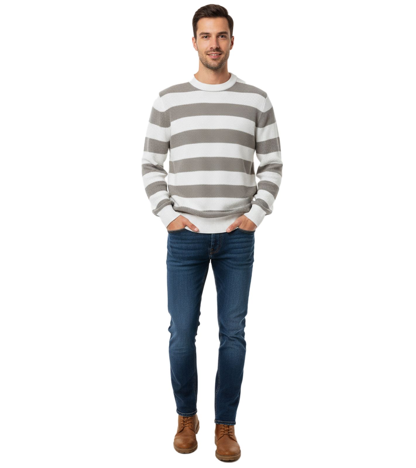 Stylischer ESPRIT Herren Strick-Pullover mit Streifen Rundhals-Sweater Baumwoll-Pullover Weiß/Grau von ESPRIT